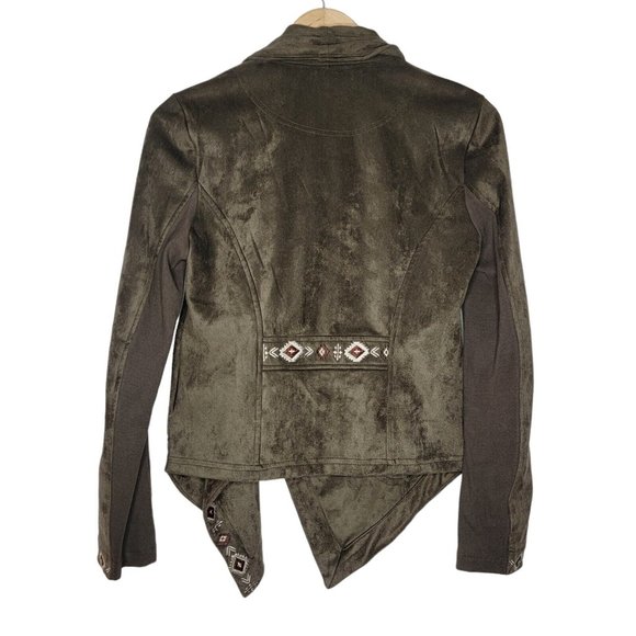 Driftwood Medium Olive Green Faux Suede Moto Asymmetrical Zip Embroidered Jacket - Picture 3 of 5